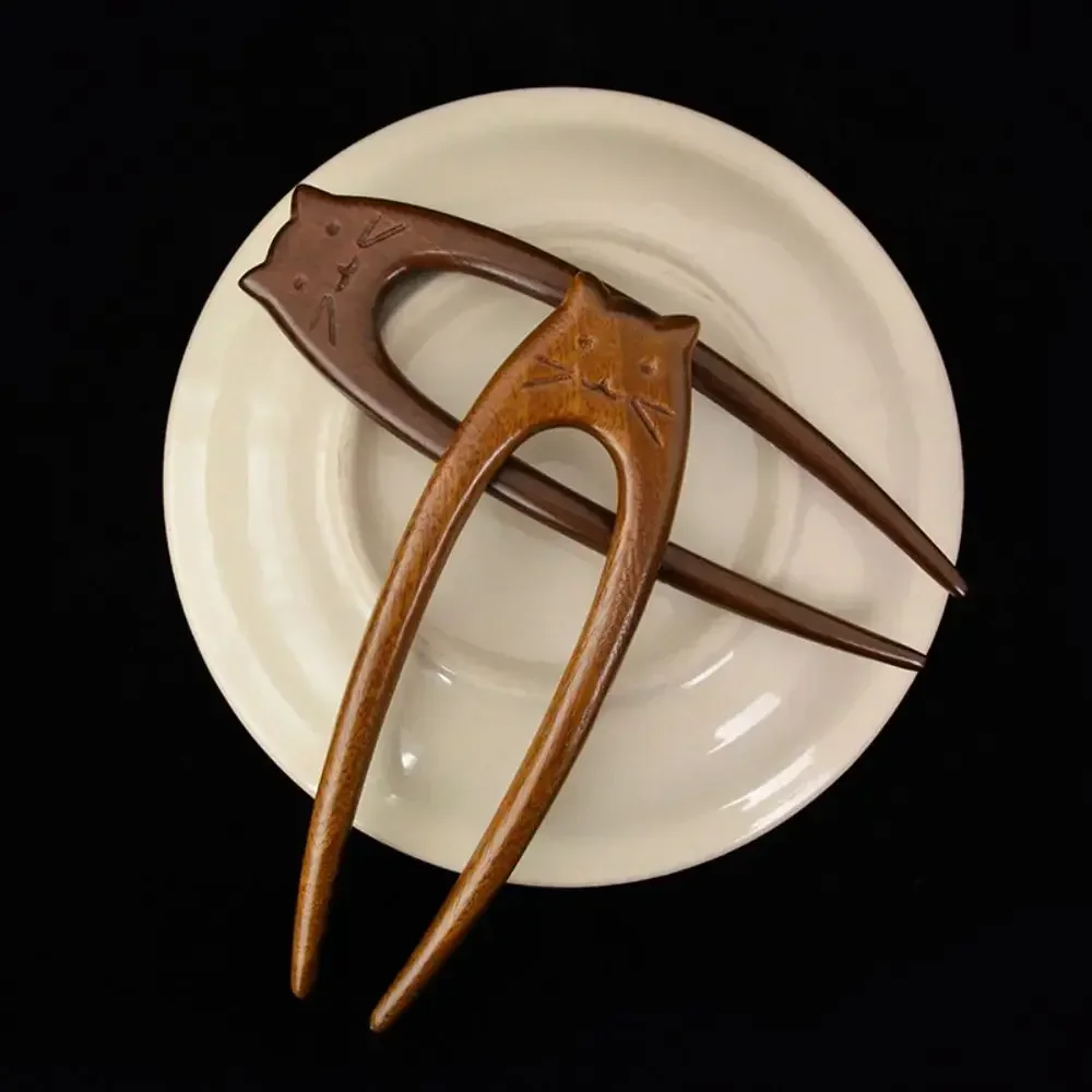 Wooden Cat Pattern Hair Sticks Headwear Headpieces U Shaped Hair Forks Chinese Style Hair Accessories Hanfu Hairpin Women Girls