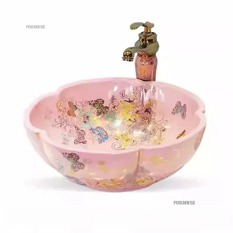 กลีบพิเศษรูปเคาน์เตอร์อ่างล้างหน้าเซรามิค Art อ่างล้างหน้ายุโรปอ่างล้างหน้าในครัวเรือนห้องน้ําอ่างล้างหน้าห้องน้ําอ่างล้างจาน e 1