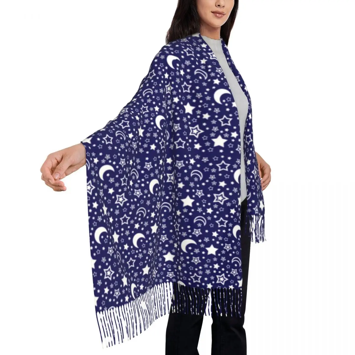 

Night Sky Scarf Moon and Stars Print Warm Shawl Wraps with Long Tassel Ladies Fashion Head Scarves Winter Graphic Bandana