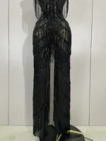Sparkly Black Rhinestones Sequined Fringe jumpsuit Women Sexy Nightclub Party Birthday Outfit Show Singer Stage Perform Costume - Image 6