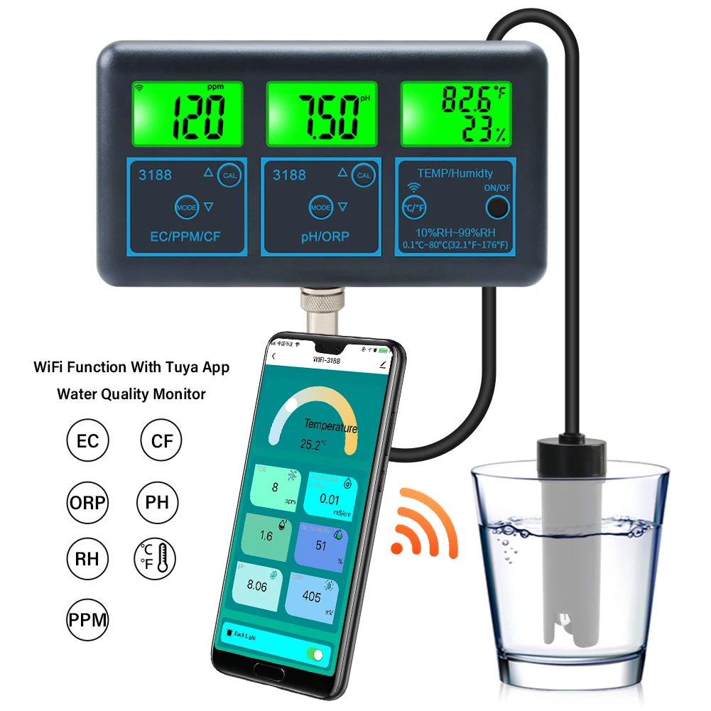 WiFi Tuya Smart Monitor Fish Tank Aquarium SPA Pool Online Water Quality Meter PH ORP EC PPM CF