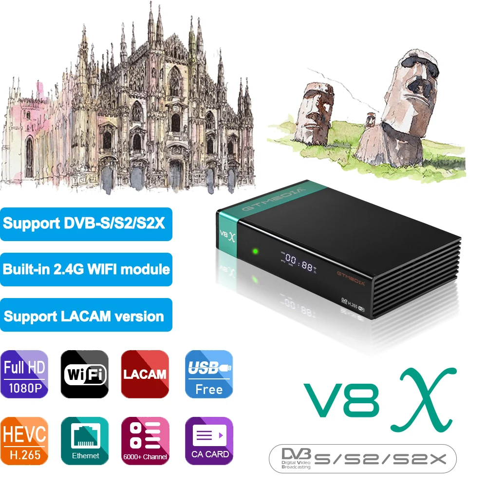 

GTMEDIA V8X Satellite Receiver,DVB-S/S2/S2X VCM/ACM/multi-stream/T2-MI HEVC main 10 profile Built-in 2.4G WIFI CA card slot