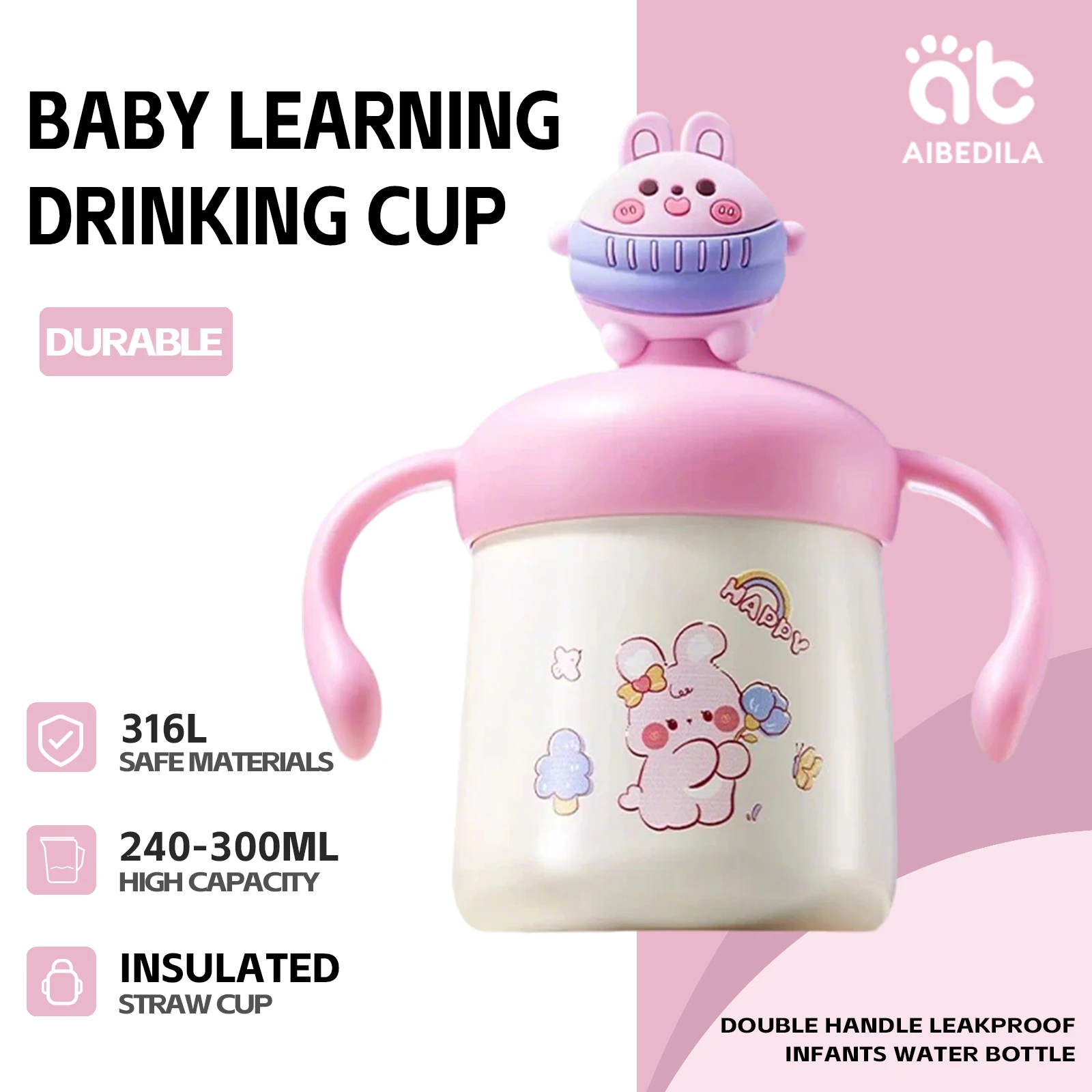 AIBEDILA أكواب مياه للأطفال معزولة من الفولاذ المقاوم للصدأ زجاجة مياه من القش كوب تعلم الطفل للشرب بمقبض مزدوج مانع للتسرب
