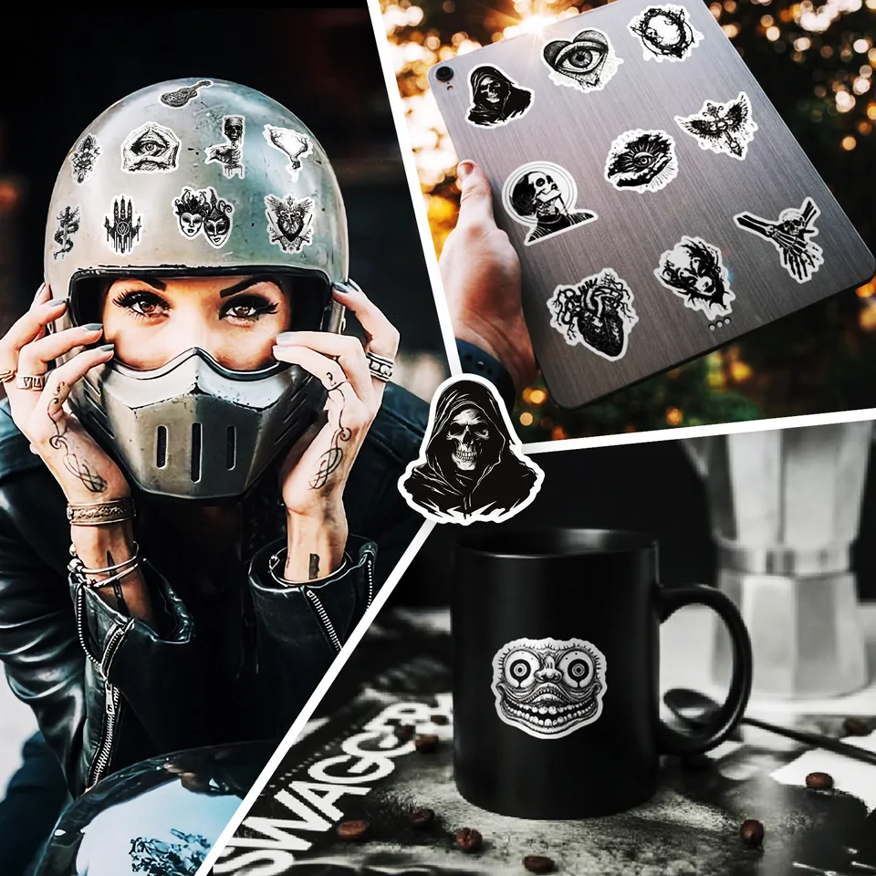50 Adesivi Gotici Horror Bianco E Nero - Impermeabili Per Laptop, Borracce, Valigie, Skateboard