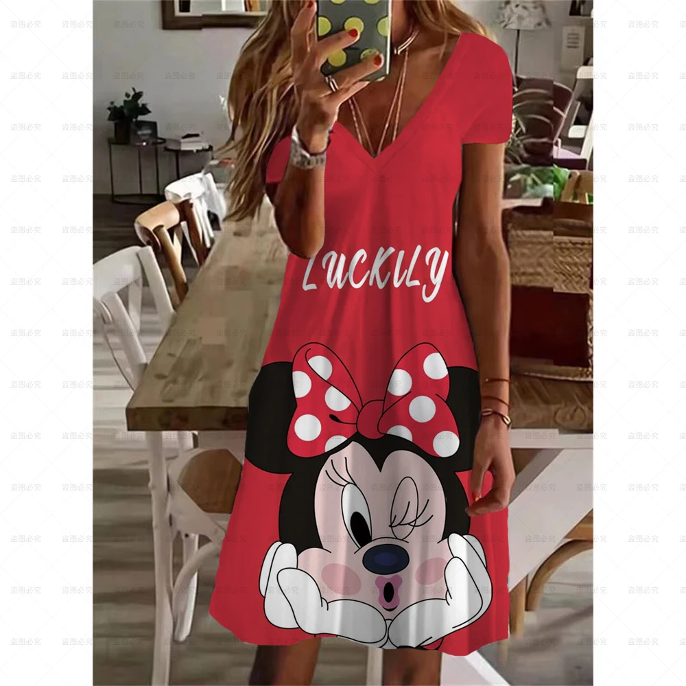 

2022 Summer Women's Disney Mickey Minnie Print Dresses V Neck Knee Length Dress Casual Fational 3D Printed Dresses New Top