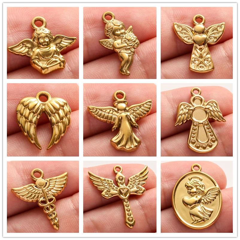 5 Stück/Lot Niedliche Engelsflügel Mädchen-Anhänger in Goldfarbe aus Edelstahl Kreuzanhänger für Schmuckherstellung DIY Ohrringe Halskette Schlüsselanhänger