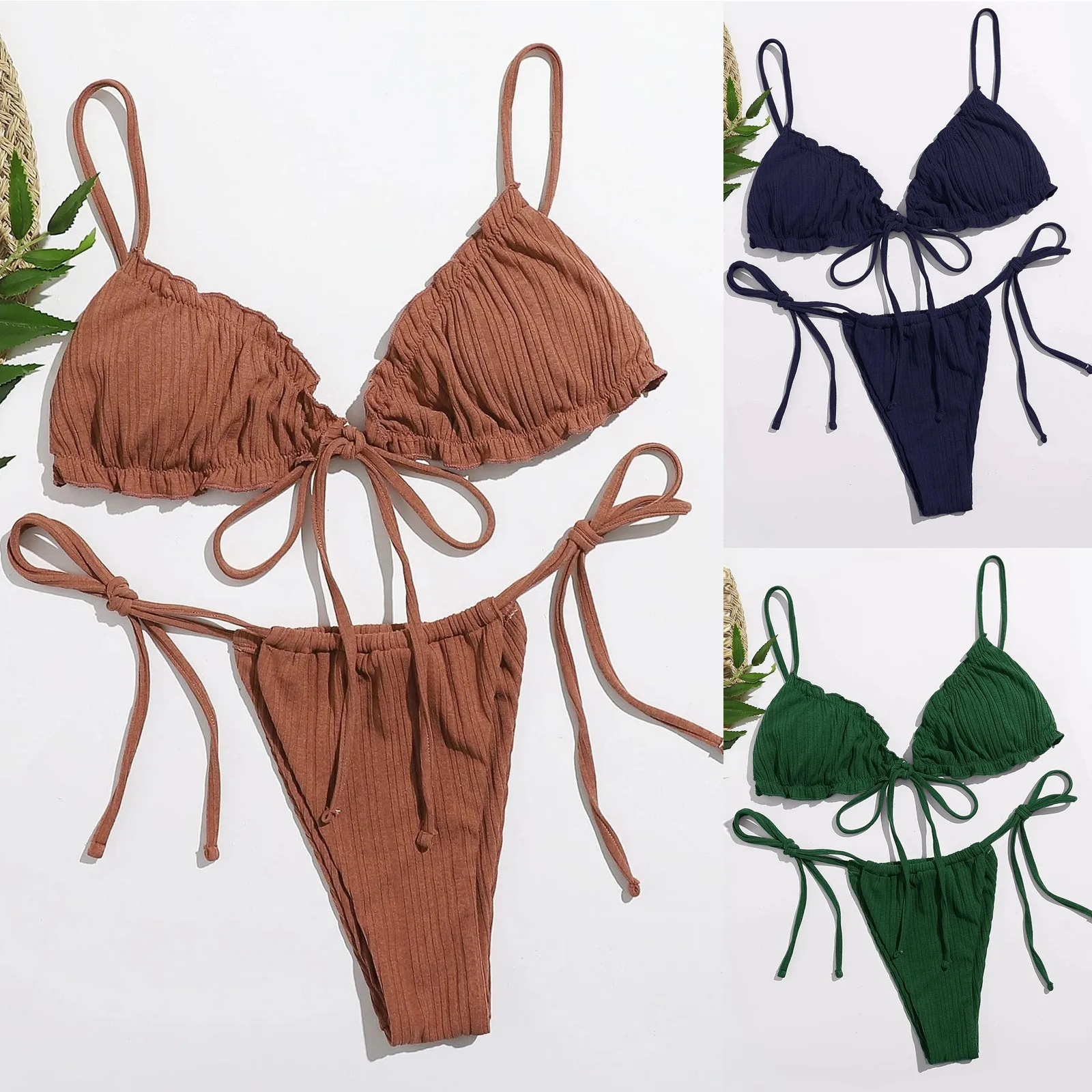 Fashion Woman Summer Bikini Set Solid Color Bandage Stretch Swimsuit 2023 New Swimwear Mini Thong Bikini Female Bathing Suit