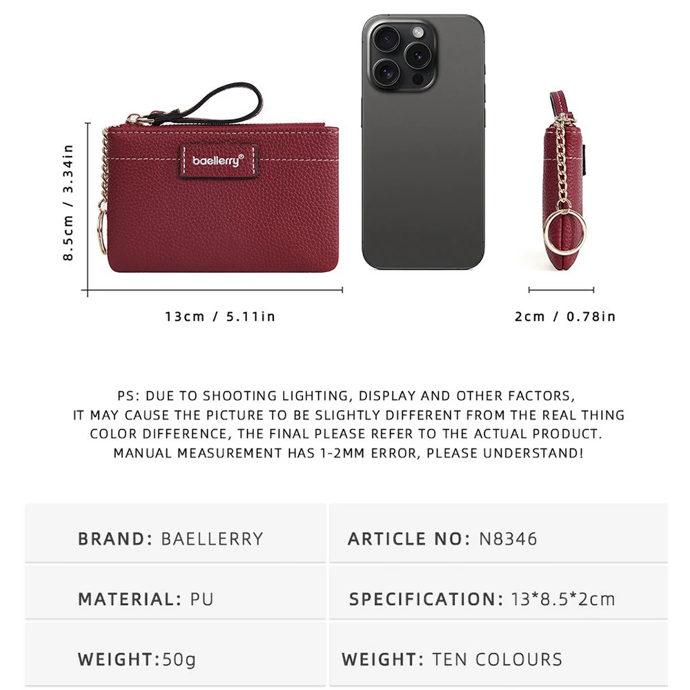 Baellerry Stylish Handheld Wallet for Women, PU Leather Zip Coin Purse with Detachable Chain - Mini Clutch Organizer & Keychain