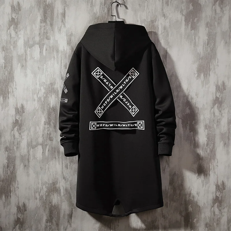Men Trench Coat 2023 Fashion Printed Streetwear Hooded Harajuku Windbreaker Slim Fit Ribbons Outwear