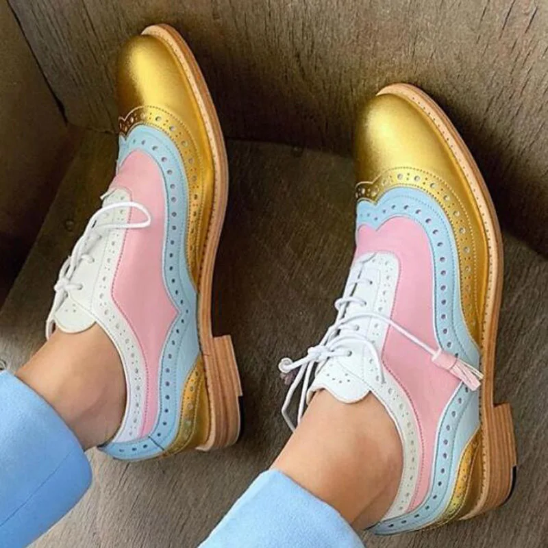 

35~43 Big Size Vintage British Style Oxfords Round Toe Gold Green Pink Lady Lace Up Brogues Loafers Casual Shoes For Women