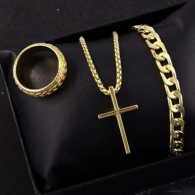 Punk Cross Pendant Necklace Bracelet Chain Ring Men's Jewelry Set jewelry sets jewelry set Simple Personality Hip Hop Party Three Piece Jewelry Accessories
