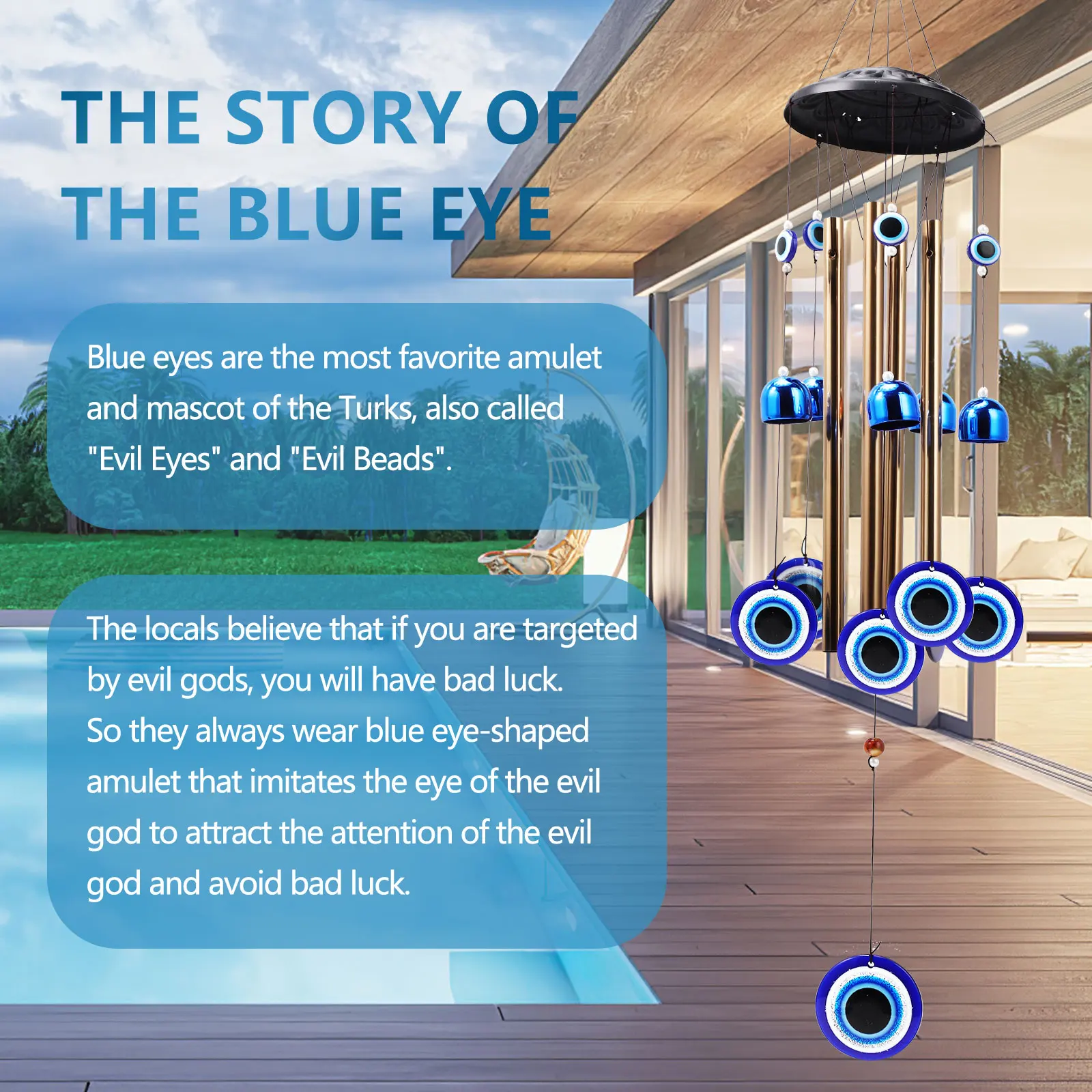 YEBON Blue Evil Eye Amulet Wind Chimes Bells Outdoor Decor,Metal Windchimes for Garden Patio Backyard Home Decor 5