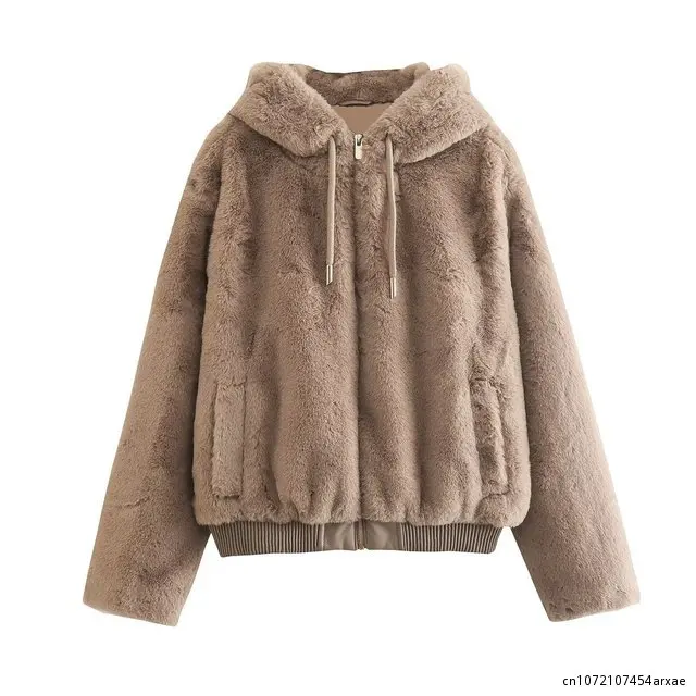

Zipper Women Fashion Artificial Fur Hooded Coat Vintage Long Sleeve Female Outerwear Jackets Chic Overshirt