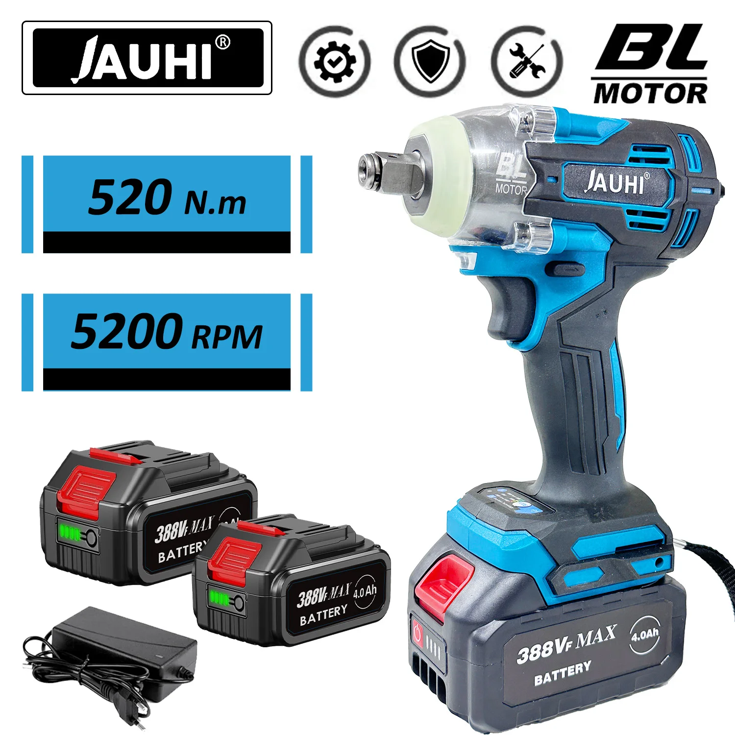 

JAUHI 520N.M Brushless Electric Impact Wrench Cordless Electric Wrench 1/2 inch for Makita 18V Battery Screwdriver Power Tools