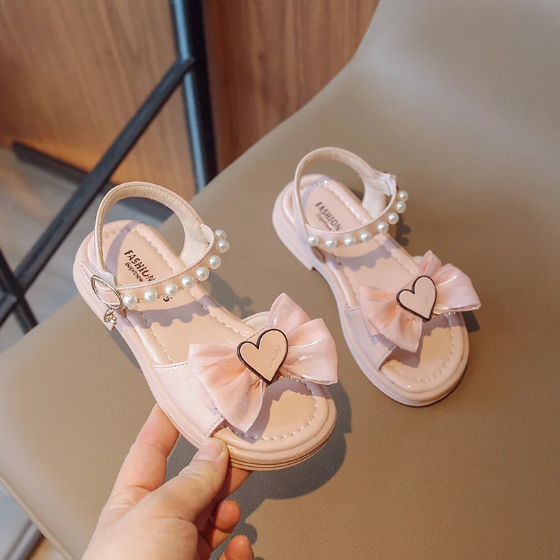 

New Summer Girls Sandals 2023 Beaded Fashion Love Bow Sandals Girl Children's Shoe for Girl Beach Sport Princess Baby Sandals