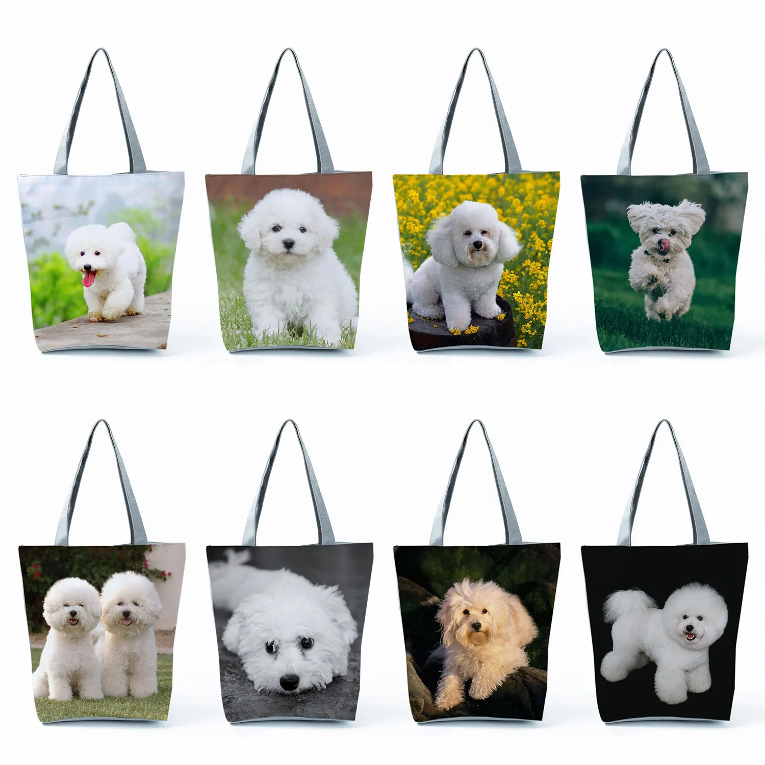 

Kawaii White Dog Shopping Bags Casual Travel Outdoor Cute Bichon Print Handbags High Capacity Women Totes Portable Beach Bags