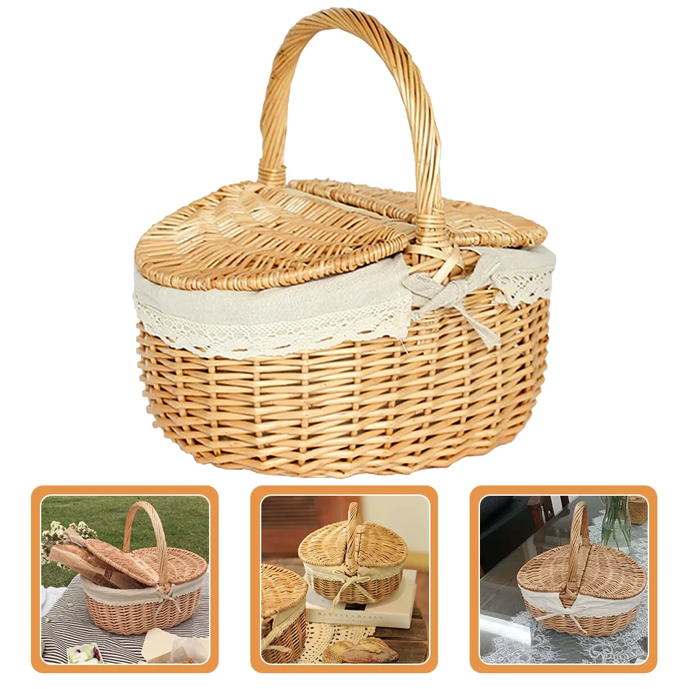 

Storage Basket Wicker Basket Egg Gathering Picnic Fruit Bread Breakfast Basket with Lid Portable Outdoor Camping Storage