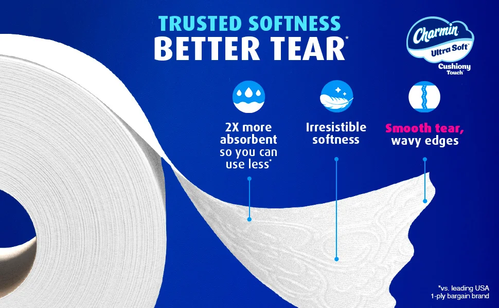 Close up of Charmin Ultra Soft Roll, Trusted Softness Better Tear