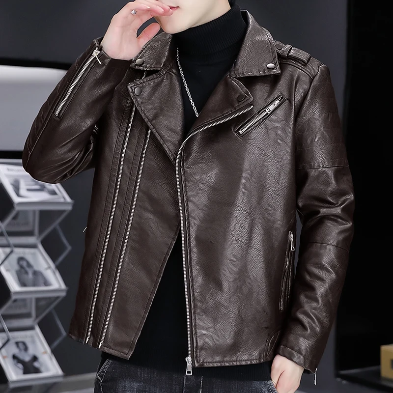 2022 Mens Jackets and Coats Retro Style Leather Jacket Men Leather  Motorcycle Jacket Fur Lined Warm Coat Winter Velvet Overcoat