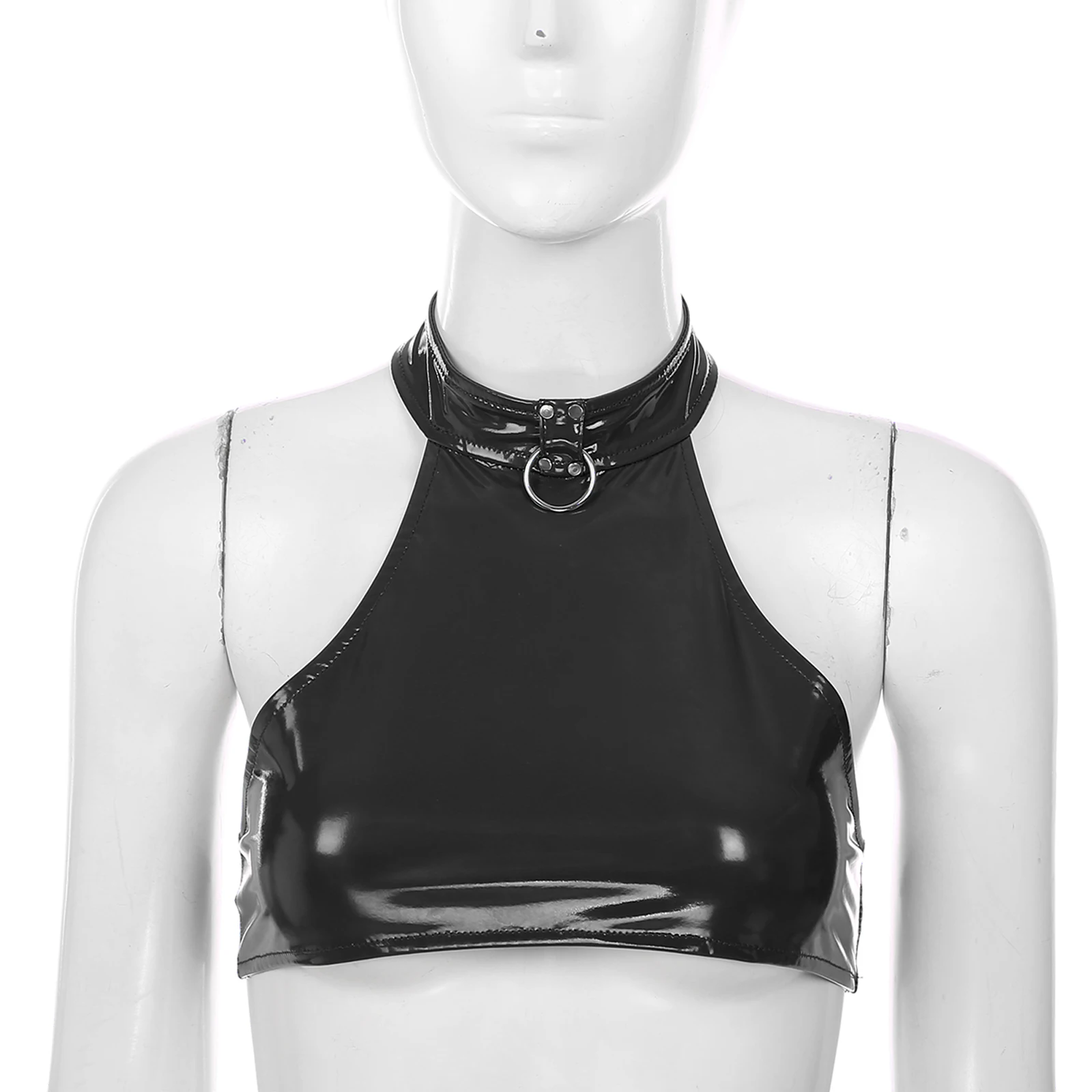 DPois Women's PU Leather Waistcoat Halter Vest - Shiny Crop Top Slim Fit Clubwear For Parties & Nightlife - View #7