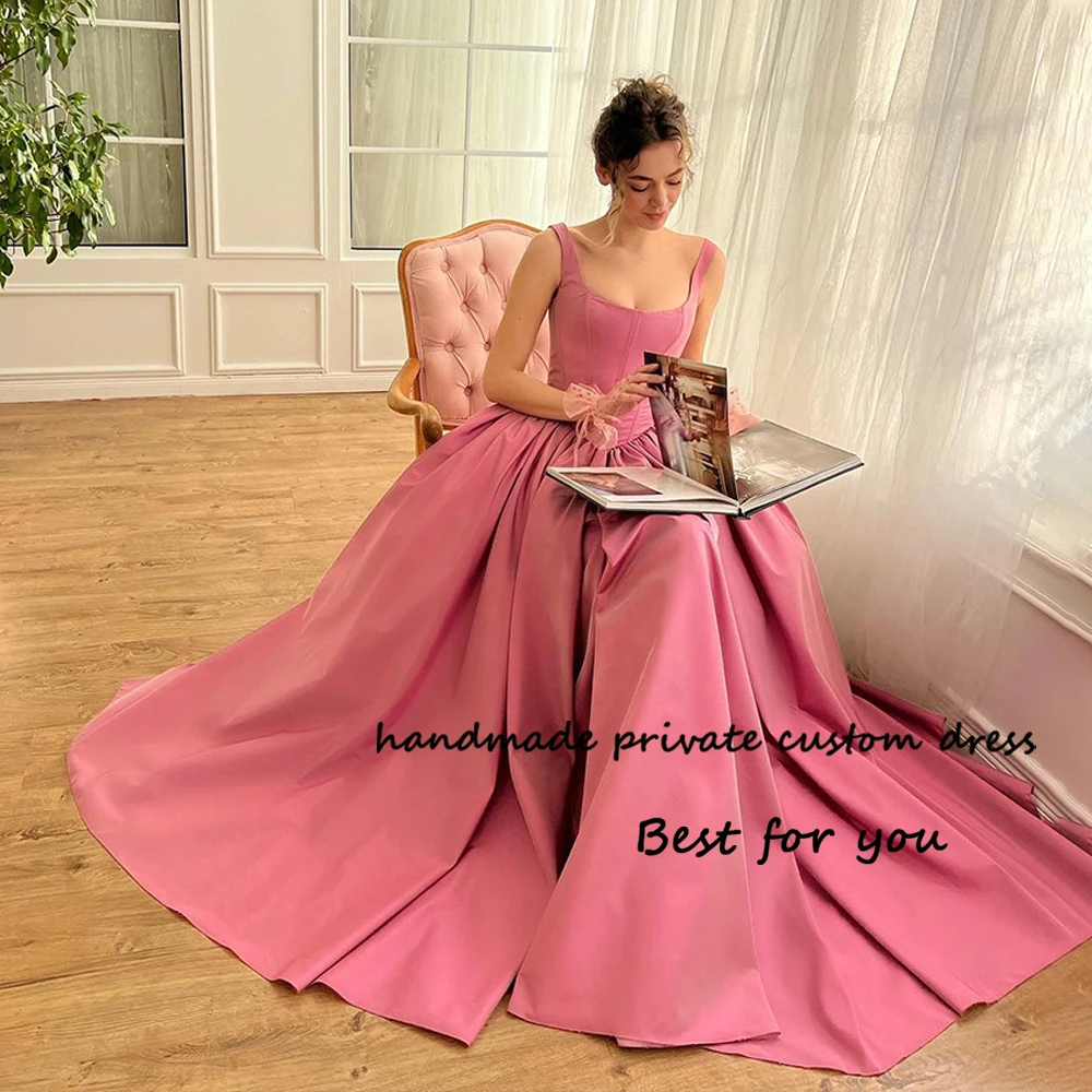 

Dusty Pink Taffeta Evening Prom Dresses for Women A Line Square Neck Long Formal Occasion Dress with Train Graduation Prom Gowns