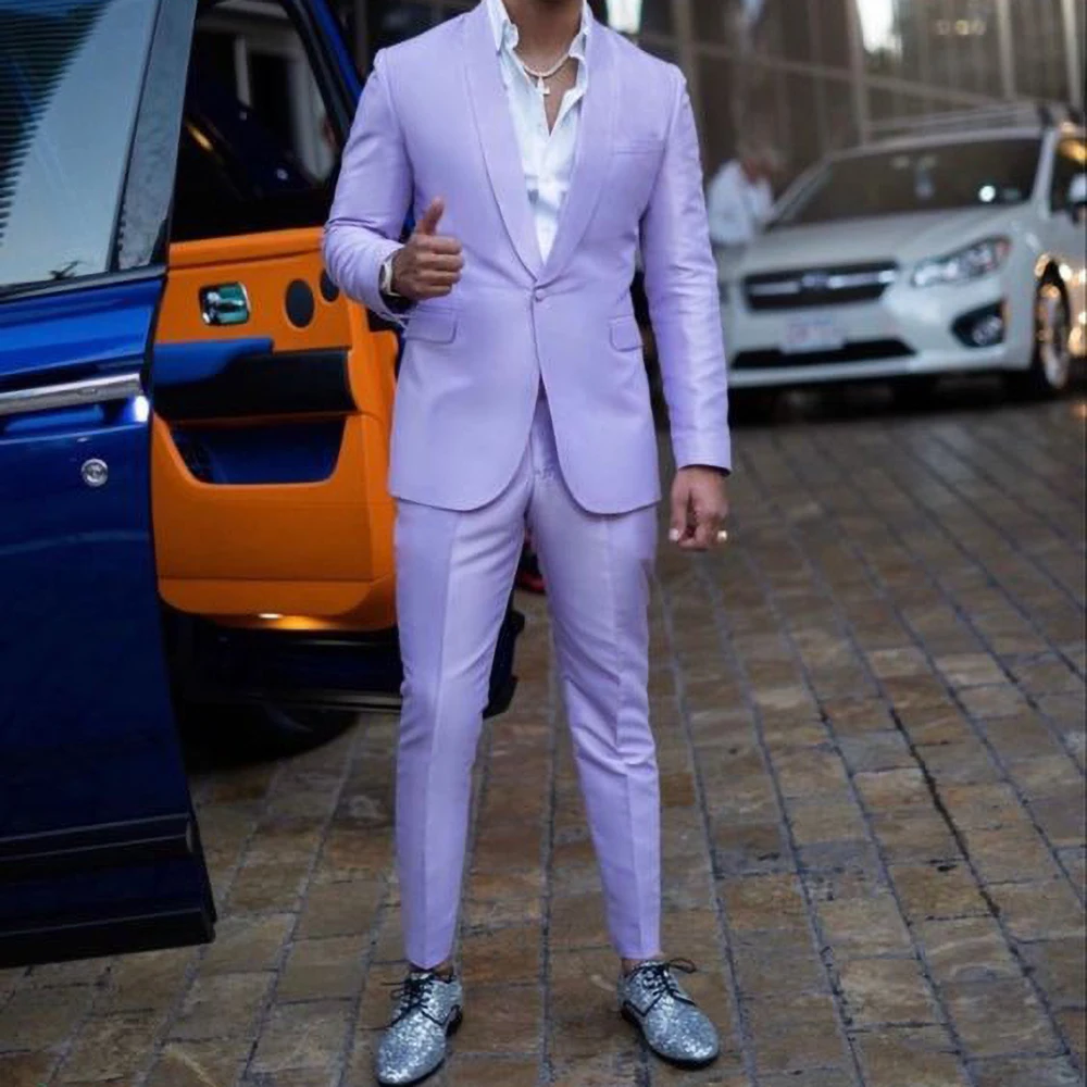 

Мужские костюмы фиолетового цвета, Новое поступление, модный мужской блейзер с отложным воротником, деловой пиджак для жениха на свадьбу, повседневный облегающий жакет из 2 предметов с брюками