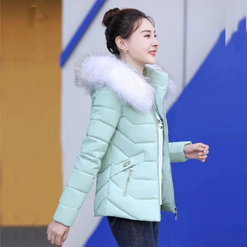 

Женская куртка с хлопковой подкладкой, новая приталенная зимняя верхняя одежда, 2023, пуховик с большим меховым воротником и съемной шапкой, женские парки, короткая верхняя одежда