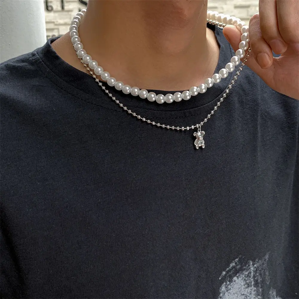

GATTVICT Y2K Fashion Imitation Pearls Chokers Necklace For Men Punk Bear Layered Pendant Necklace Personality Women Jewelry