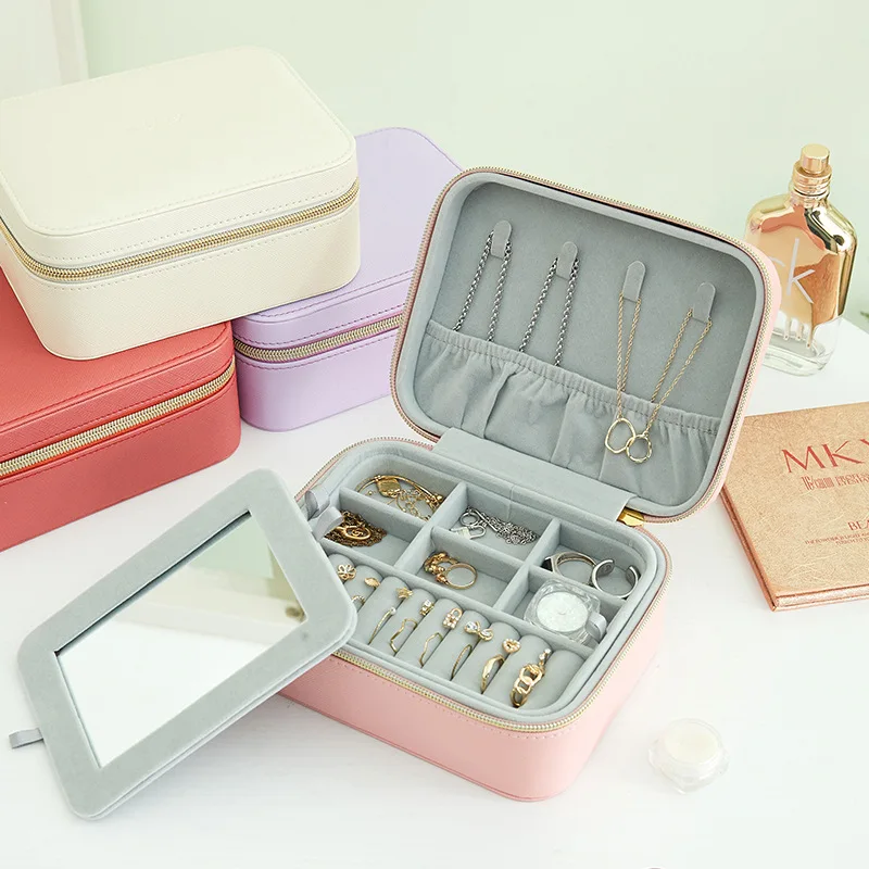 

Hot Sale Jewelry Box Portable Jewellery Organizer Display Case Female Simple Detachable Mirror Earring Ring Box Woman Gift Boxes