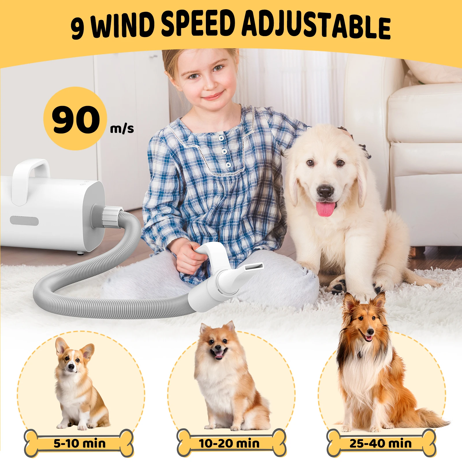 Pet Dog Hair Dryer with Smart Heat-insulated Handle,90m/sHigh-speed Dog Hair Dryer,Adjustable Air Flow Speed,temperature Control