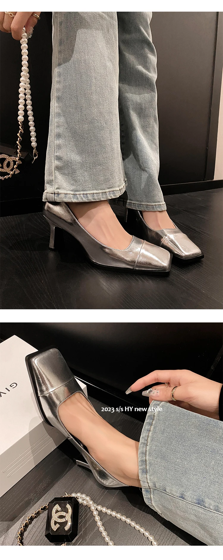 2023 new Spring women pumps natural leather 22-24.5cm length cowhide+sheepskin full leather square toe Metallic shoes high heels