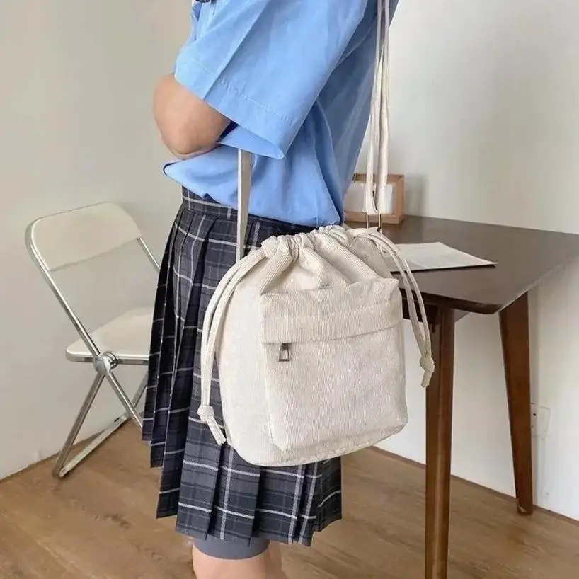 1 Pcs New Corduroy Women's Bag Crossbody Bag Korean Version Trendy Student Bucket Drawstring Single Shoulder Women's Bag
