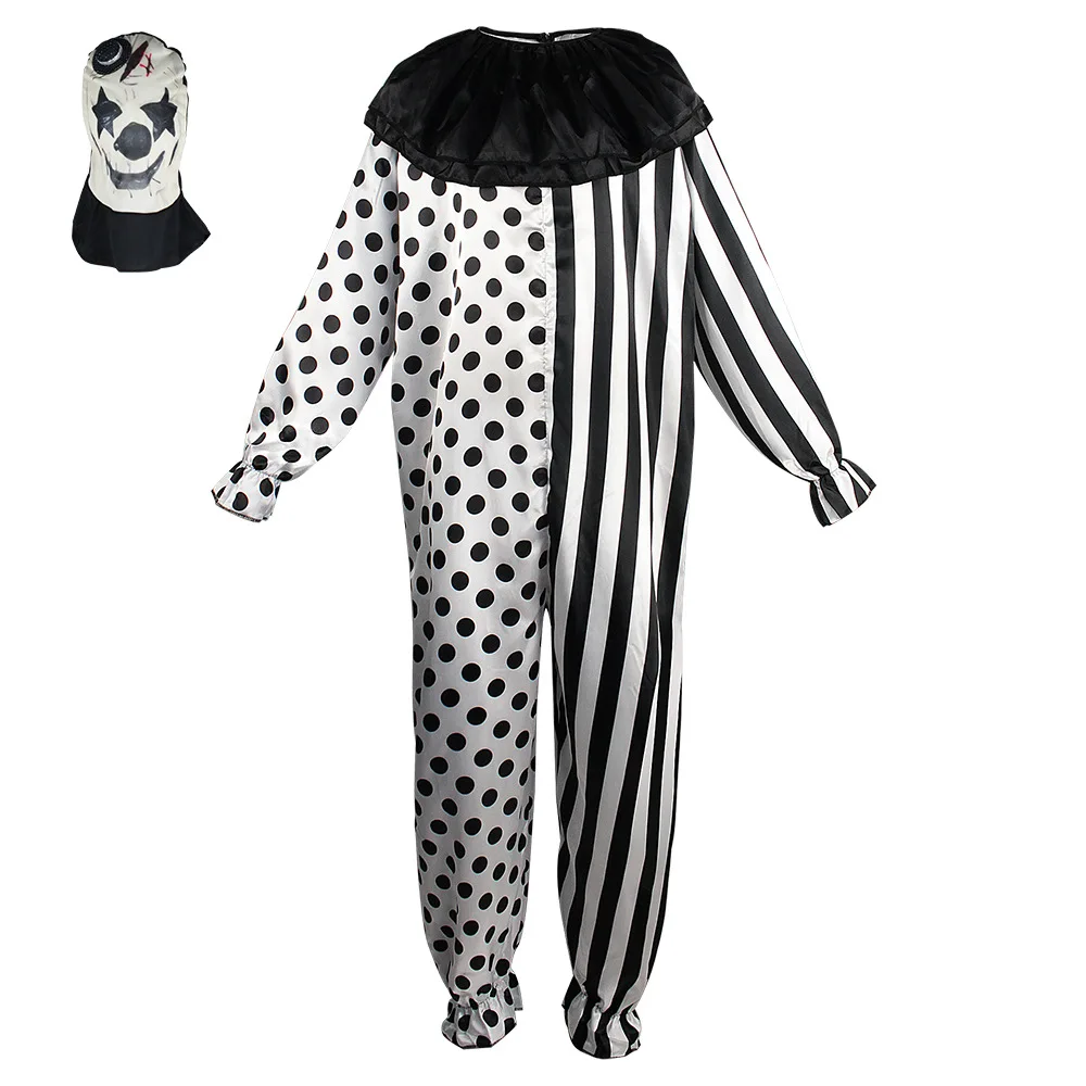 

Black and White Game Clown Cosplay Ball Cos Joker Horror Bodysuit Terror Jumpsuits with Mask Halloween Costumes for Men Women