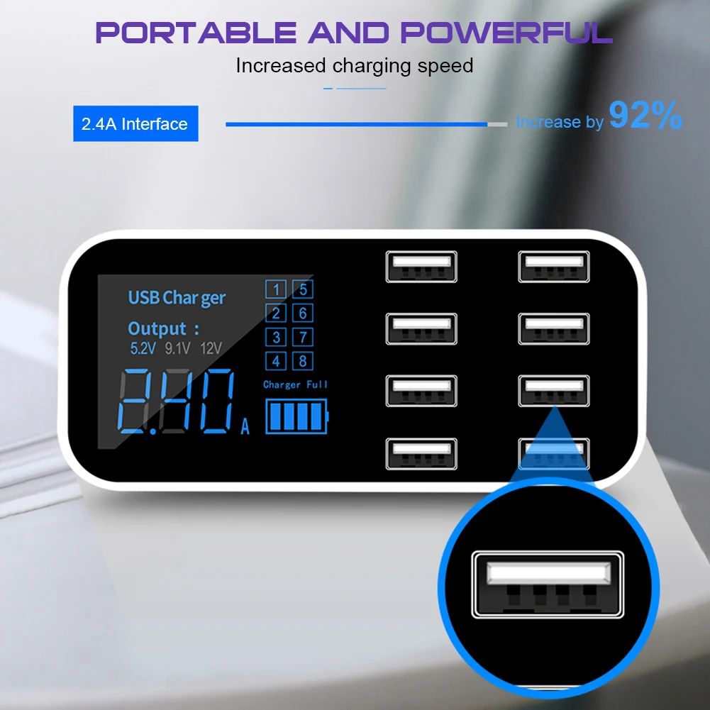 

Fast Car Charger 40W 8 Port Multi USB Hub LCD Display 12V Phone Charger 2.4A Universal Battery Charging Units