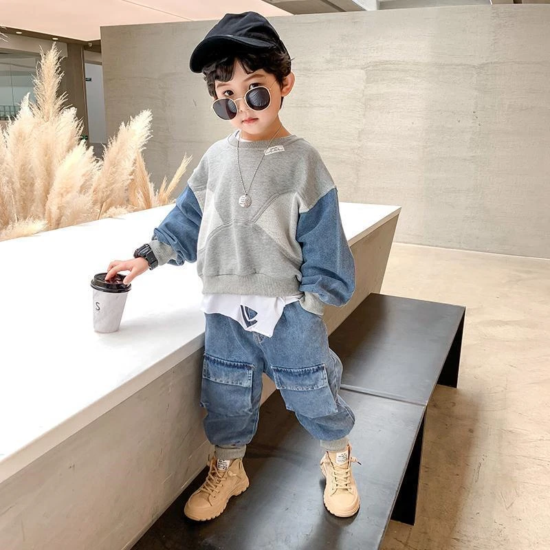 

Baby Boys Fall Clothes Set Outfit 2023 Fashion Korean Children Denim Patchwork Long Sleeve Sweatshirt Top + Pants Two-Piece Sets