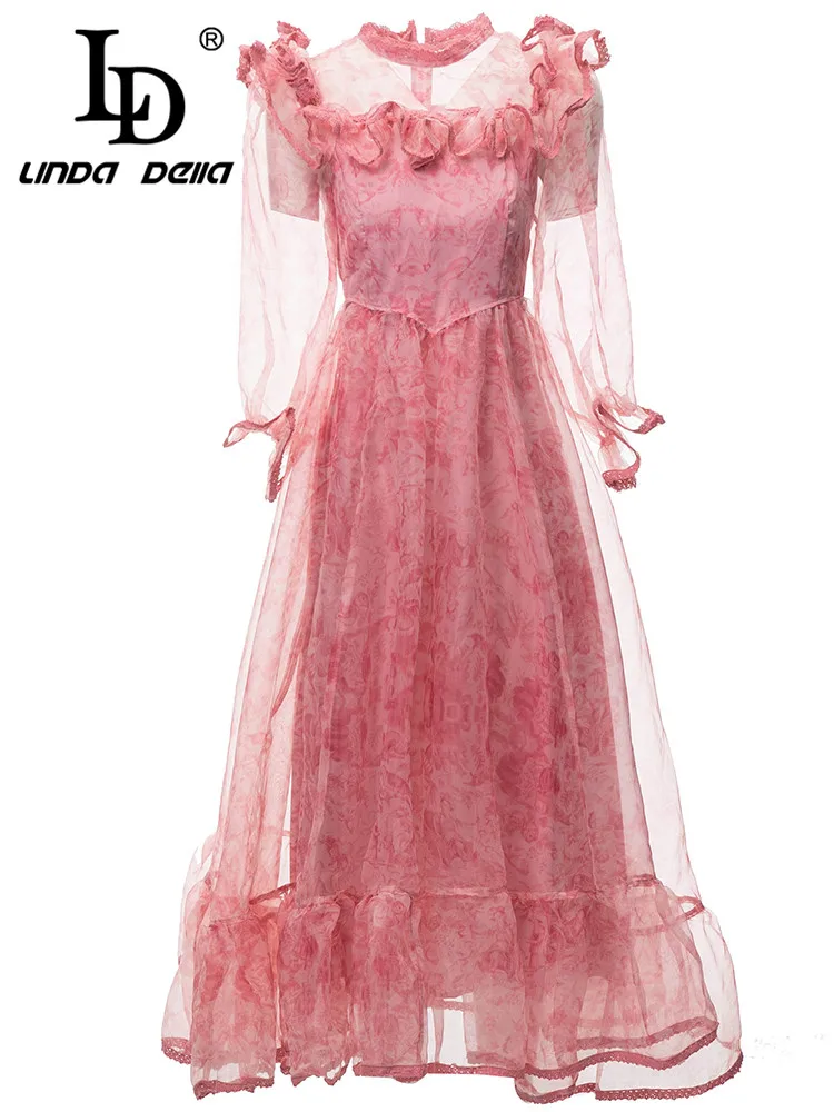 

LD LINDA DELLA 2024 party evening elegant luxury celebrity Dress Women's Pink Ruffle Splice Print Chiffon High waist Dress