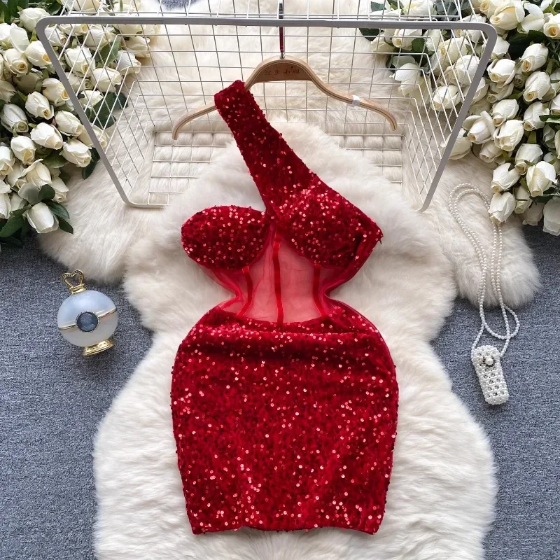 

French Light Luxury Lady Style Diagonal Collar Dress Women's Mesh Sequin Design Niche Hip Hot Girl Short Skirt Summer New Style