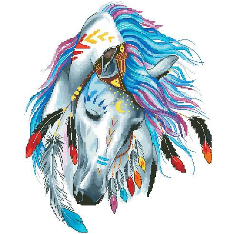 Amishop-Lovely Counted Cross Stitch Kit Colorful Feather Horse Totem Noble Animal