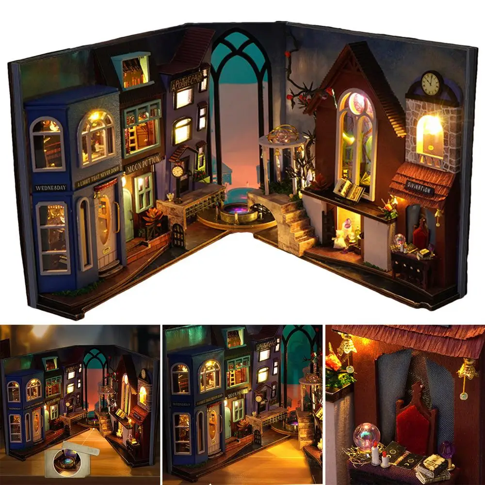 DIY Book Nook Kit 3D Puzzle Bookend Decorative Bookend With LED Light DIY Bookend Building Set Model Kit For Teens And Adults