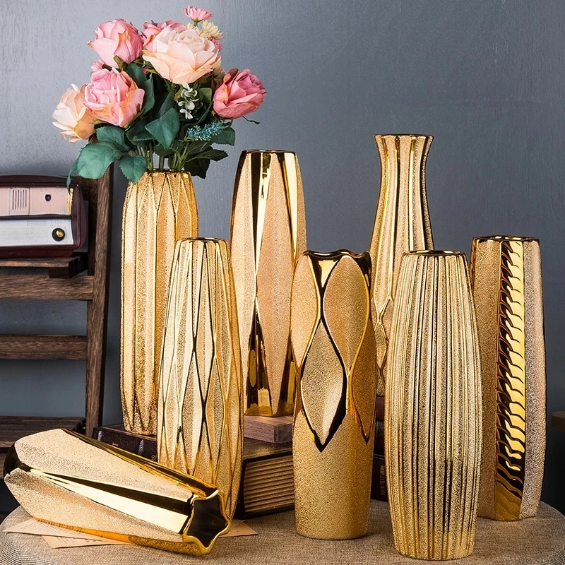 

30CM Luxury Europe Gold Ceramic Vase Home Decor Creative Design Porcelain Decorative Flower Vase For Wedding Decoration