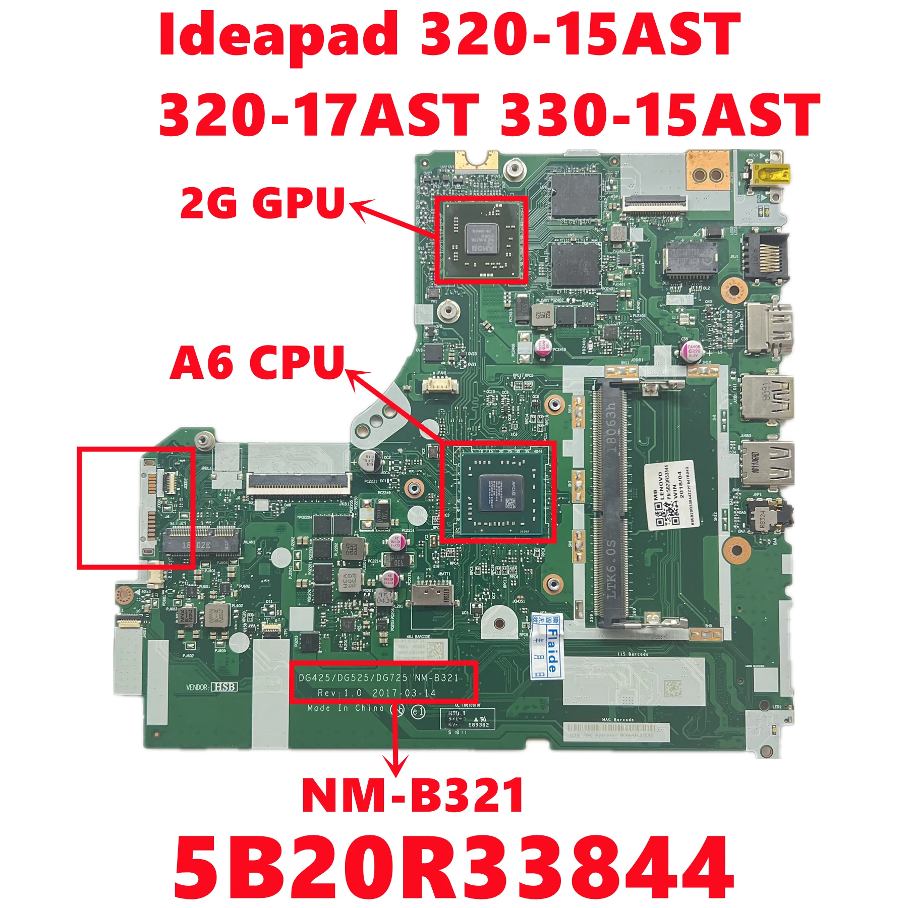 

Fru:5B20R33844 NM-B321 для ноутбука Lenovo Ideapad 320-15AST 320-17AST 330-15AST, с процессором A6 216-889018 GPU 100% тест