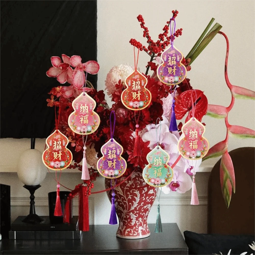 2pcs Cartoon Chinese Style Pendants Lucky Symbol Traditional Tree Hanging Tag with Tassel Gold Stamping Blessing Calabash Card