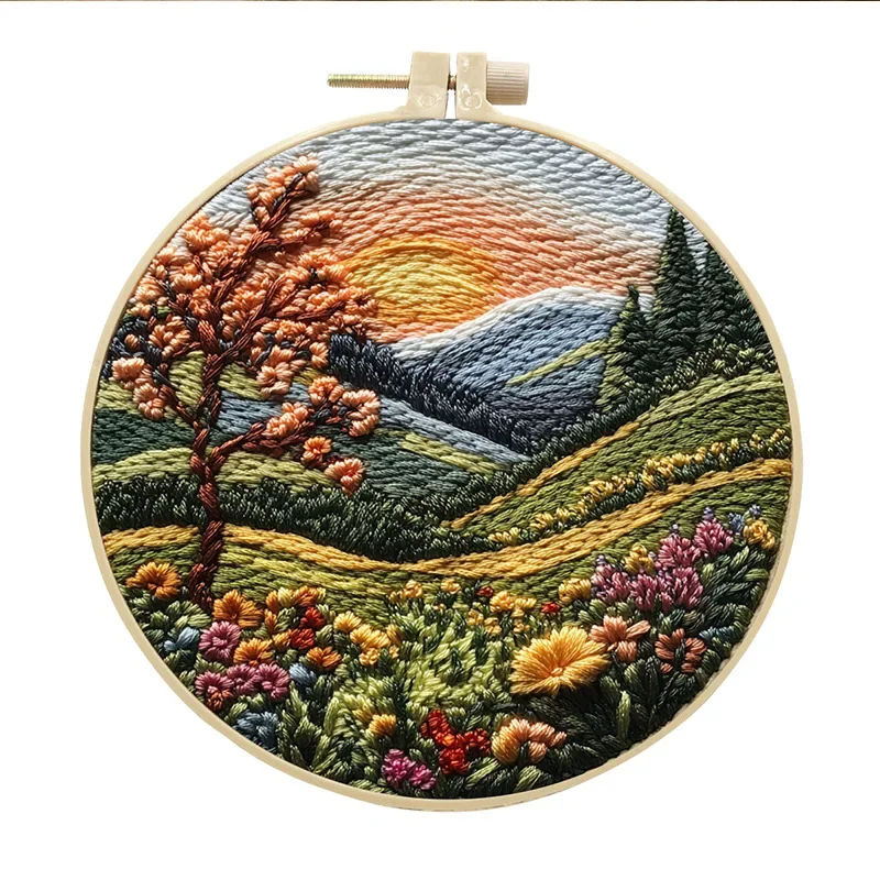 Beautiful Embroidery Paintings Landscape Flowers and Birds Pattern DIY Embroidery Materials with 15cm Round Frame