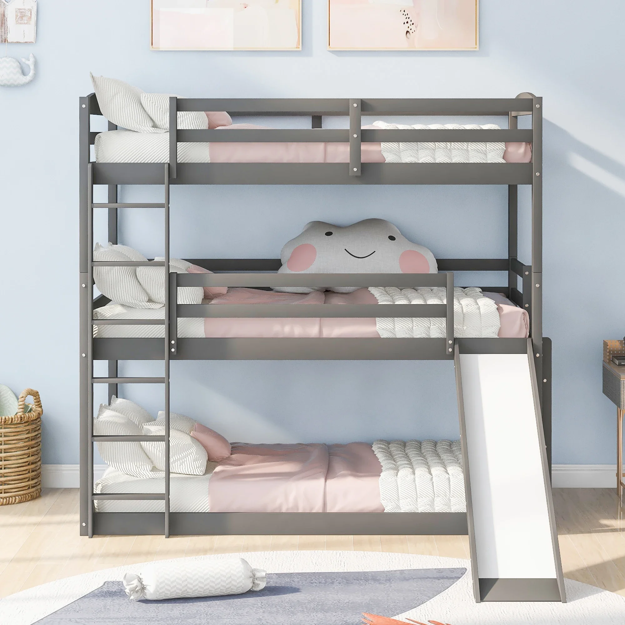 

Twin over Twin over Twin Adjustable Triple Bunk Bed with Ladder and Slide,Gray