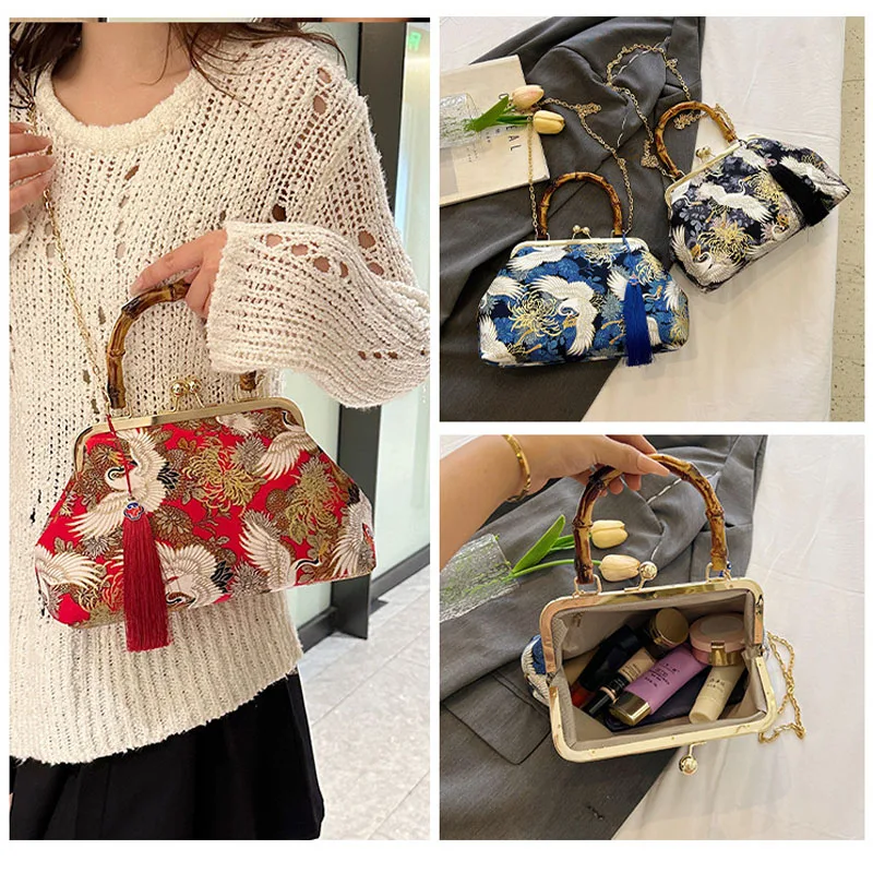 

2024 New Chinese Retro Crane Folding Fan Printed Tassel Bamboo Hand bag Shoulder Bag Crossbody Bag