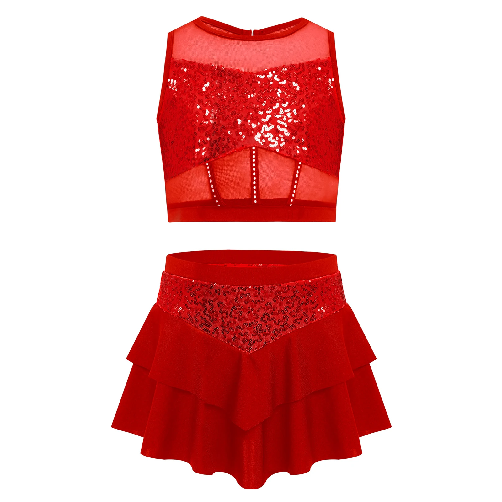 Kids Girls Cheerleading Uniform Cheerleader Ballet Jazz Dance Performance Costume Shiny Sequins Crop Top with Tiered Skirt for