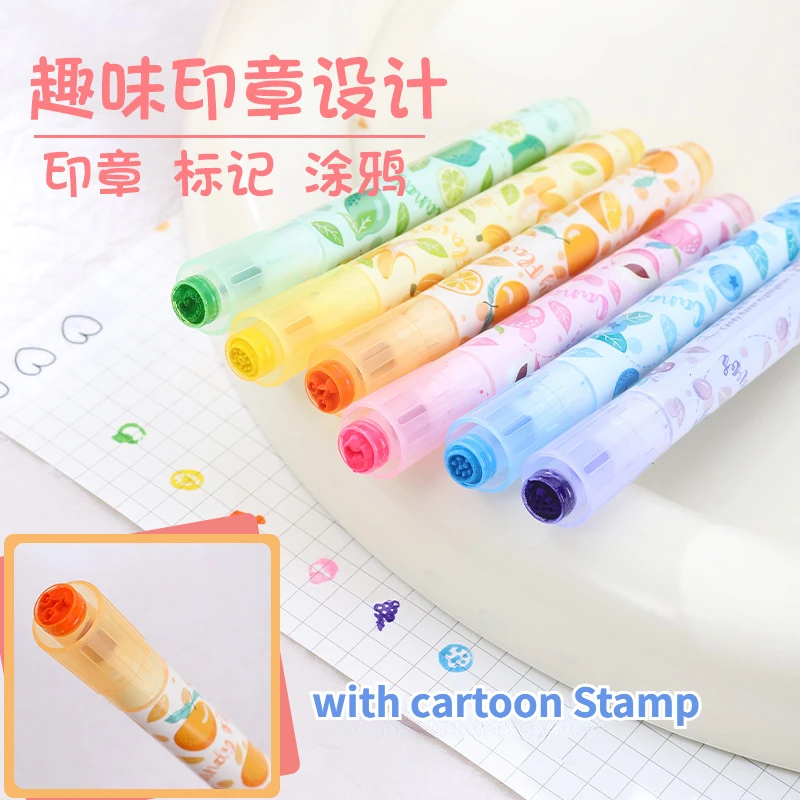 Kawaii Fragrance Highlighter Fruit Shape Stamp Marker Pens 6pcs Art Graffiti Drawing Markers Stationery School Office Supplies
