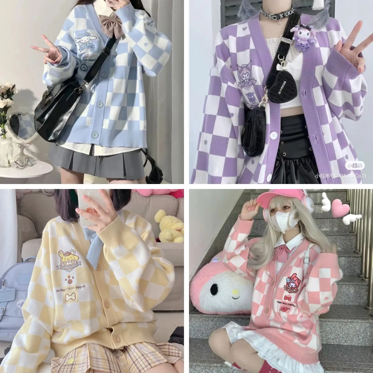 

Sanrio JK Uniform Autumn and Winter Checkerboard Loose Top Sweater Coat Cardigan Mymelody Kuromi Cinnamoroll Women's Gift