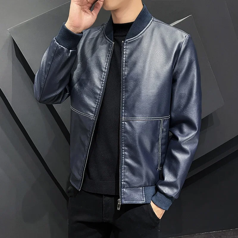 2023 New Men's Coat Street Wear High Quality Brand Men's Casual Motorcycle Windproof Zipper Stand Neck Artificial Leather Jacket