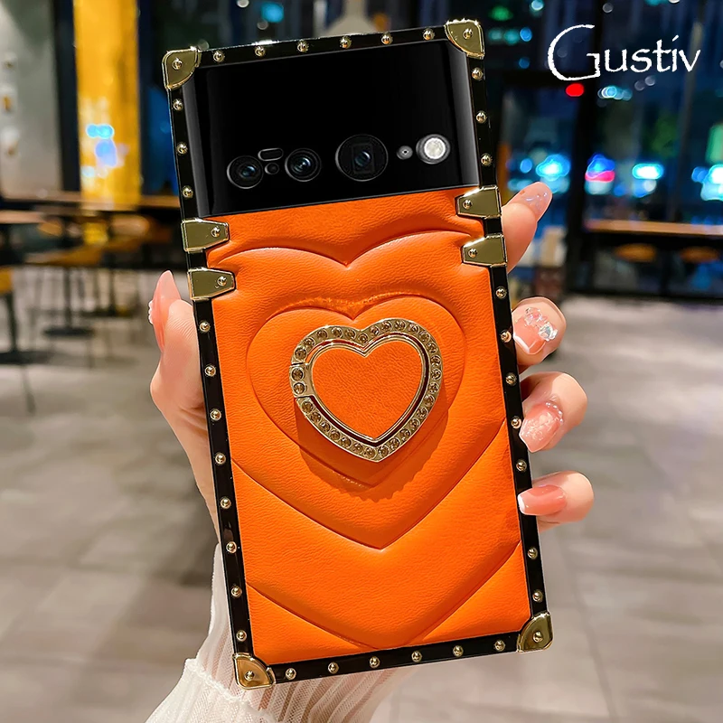 

Luxury Soft PU Leather 3D Love Heart Case For Google Pixel 7 7 Pro 6 Pro Soft Square Phone Cover For Pixel 6A With Holder Ring